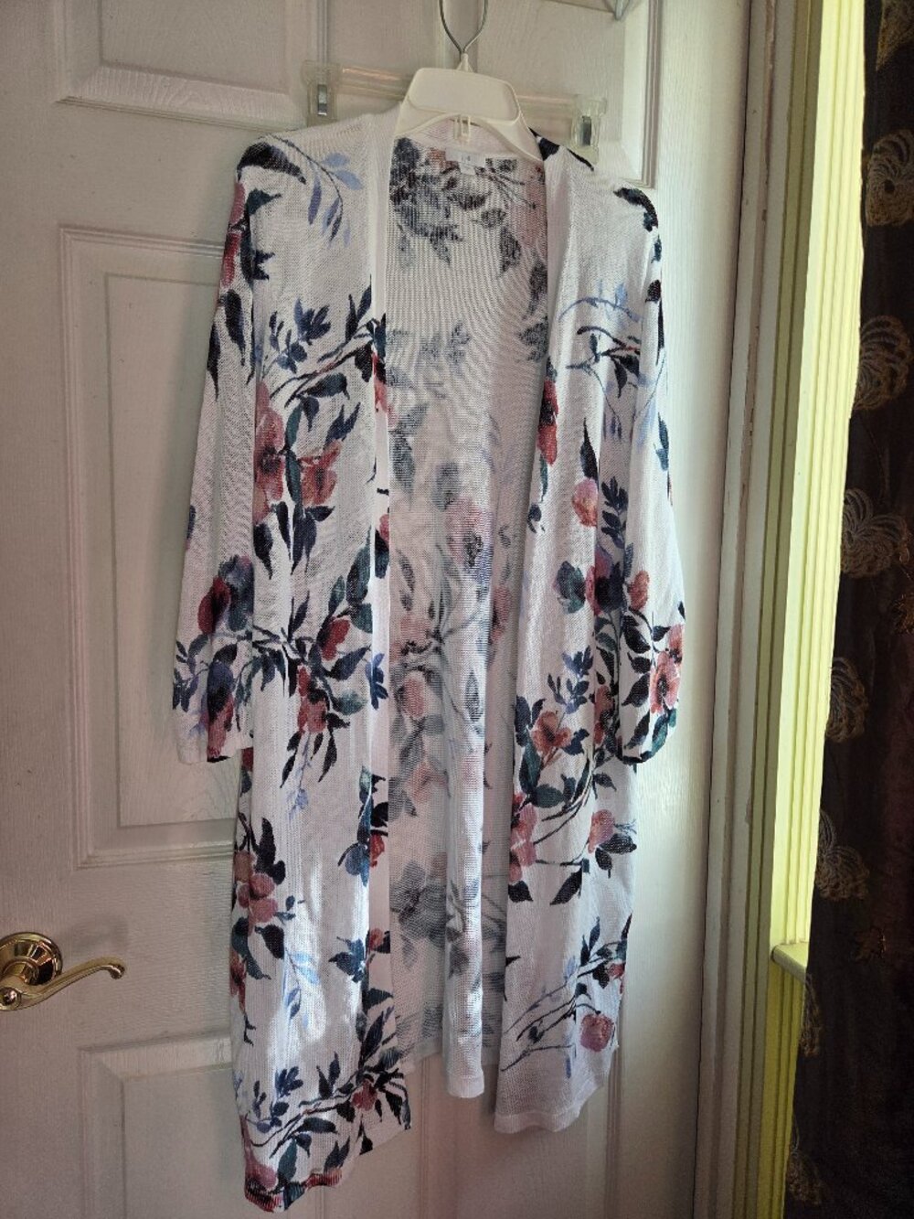 J. Jill Sz L Floral Duster Cardigan Ivory Red Blue Linen & Viscose Rayon No Wear